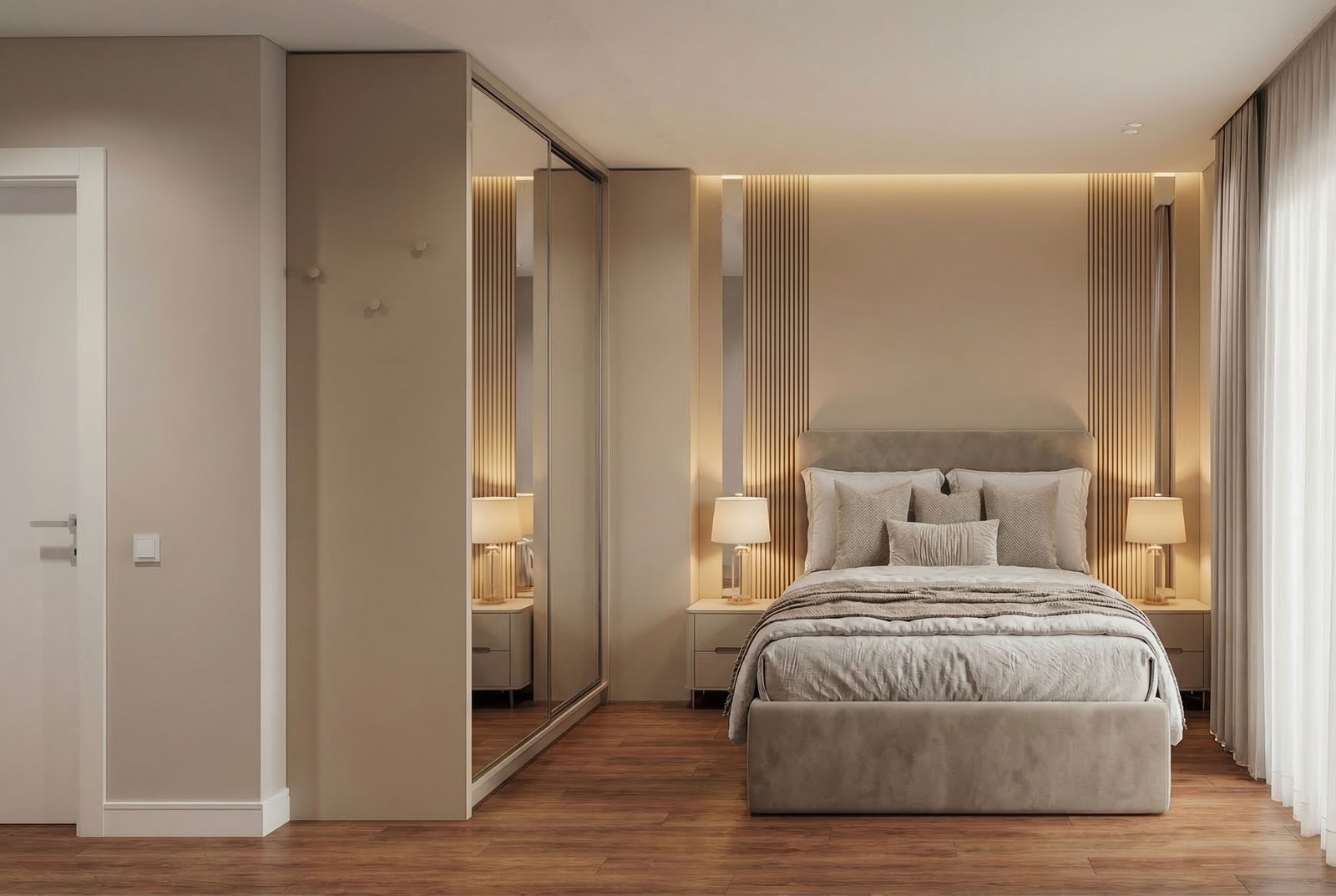 Quarto com cabeceira iluminada e armário espelhado