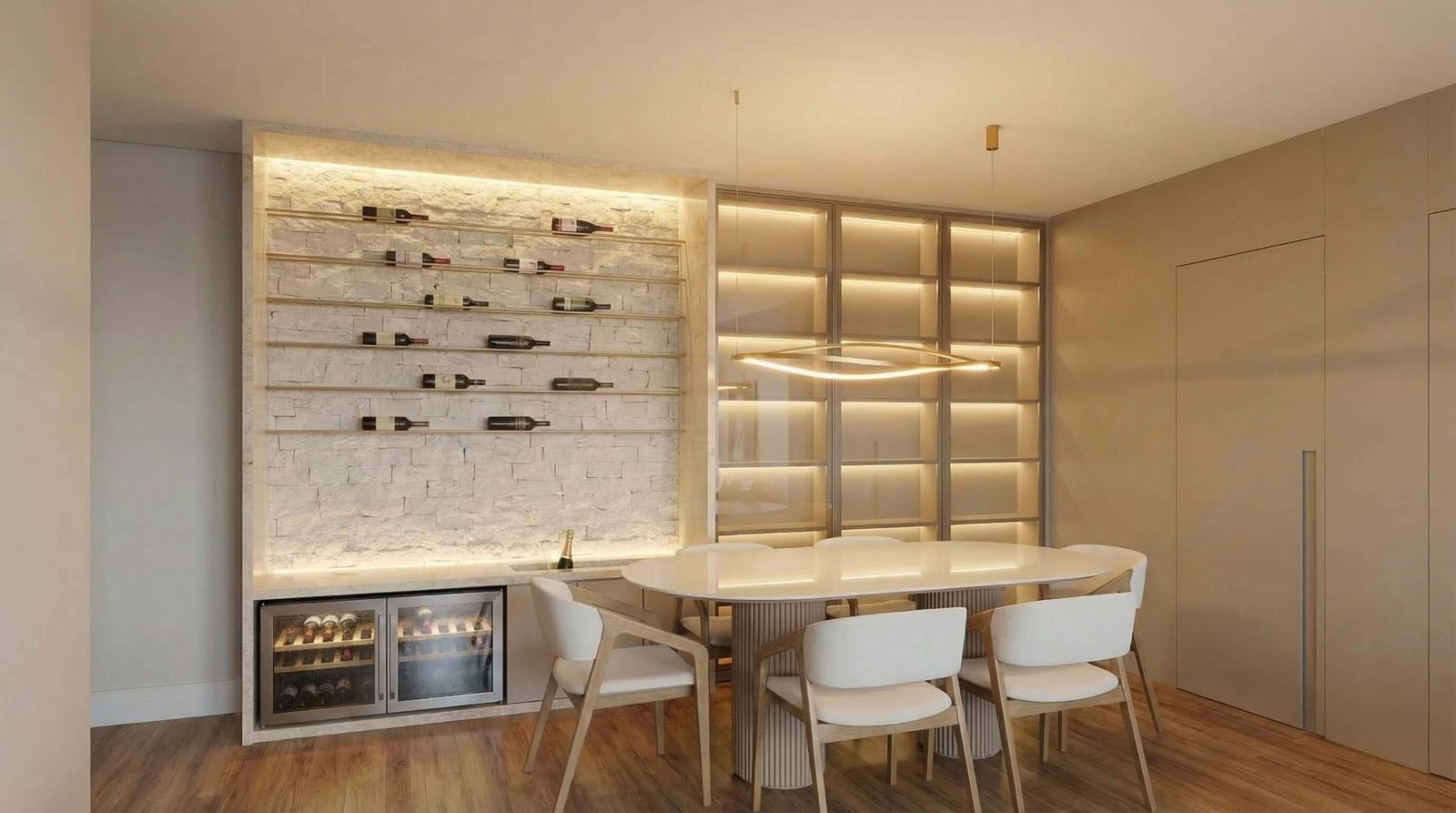 Sala de jantar com adega iluminada — projeto Geovana Marchezan